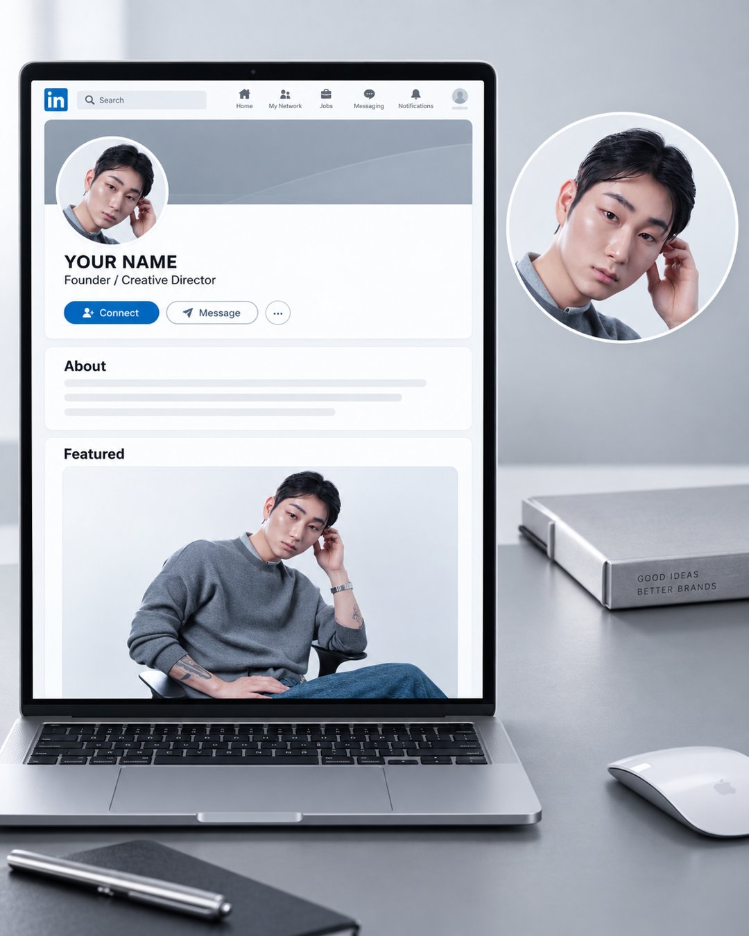 포트레이트를 비즈니스 네트워크 프로필에 적용한 목업